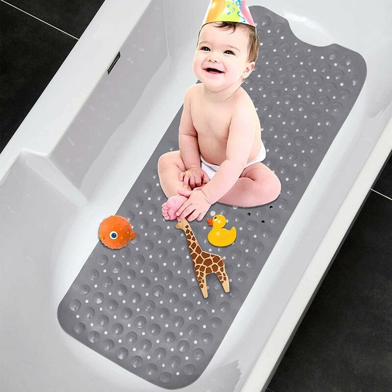 (Gris)Tapis de Baignoire Antidérapant,100 x 40 cm Tapis de Douche,Extra Long Tapis de Bain Lavable en Machine,Tapis de Bain Anti Glisse avec Ventouse
