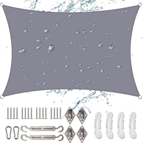 (gris)Voile d'ombrage rectangulaire, 3 x 5 m,imperméable,avec kit d'installation,résistant aux UV,pour jardin,balcon,terrasse(gris)