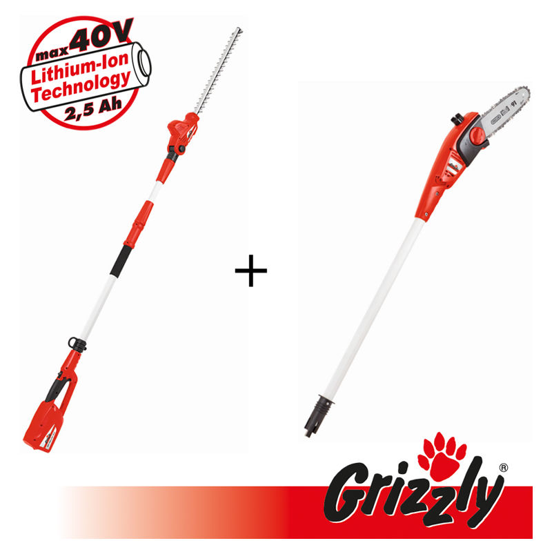 Grizzly Tools - 40V 2in1 Set, ensemble composé d'un taille-haie télescopique et d'un sécateur en hauteur pour un travail confortable en hauteur,