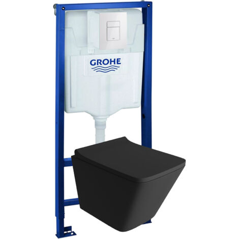 GROHE Bâti-support Solido + Lavita WC Lago Black suspendu noir sans bord + panneau de commande Delta 25 blanc  Kit complet WC
