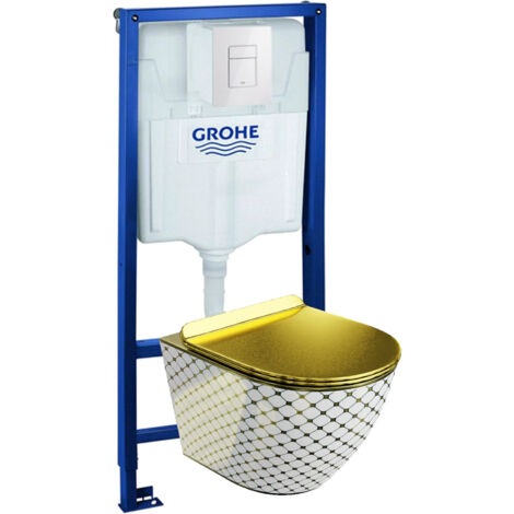 GROHE Bâti-support Solido + Lavita WC Sofi Slim Checked Gold suspendu or sans bord + panneau de commande Delta 25 blanc Kit complet WC