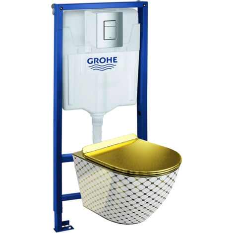 GROHE Bâti-support Solido + Lavita WC Sofi Slim Checked Gold suspendu or sans bord + panneau de commande Delta 25 chrome  Kit complet
