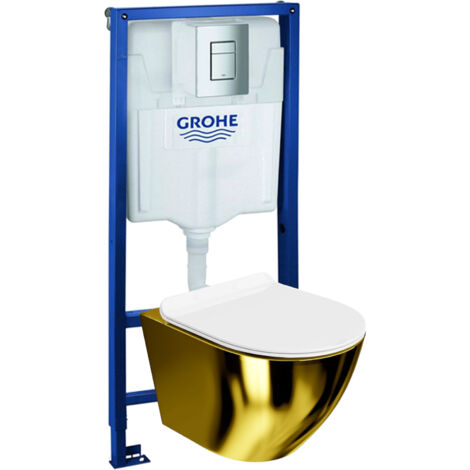 GROHE Bâti-support Solido + Lavita WC Sofi Slim Gold/White suspendu blanc/or sans bord + panneau de commande Delta 25 chromeKit complet