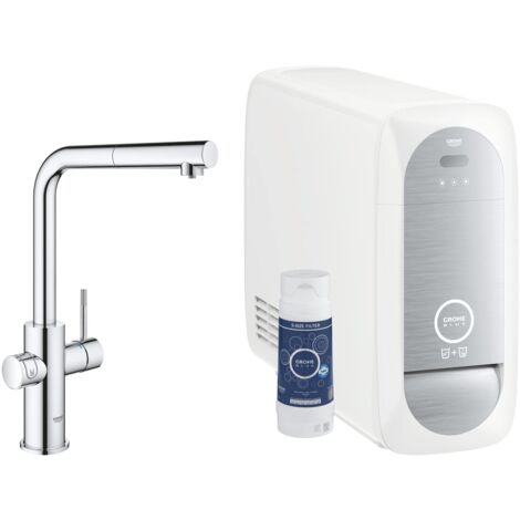 GROHE Blue Home Miscelatore Monocomando per Lavello con Sistema Filtrante dell‘Acqua, Bocca "L", con Doccetta Estraibile, Bombola Co2 da 425 G Non Inclusa, Cromo, 31927001