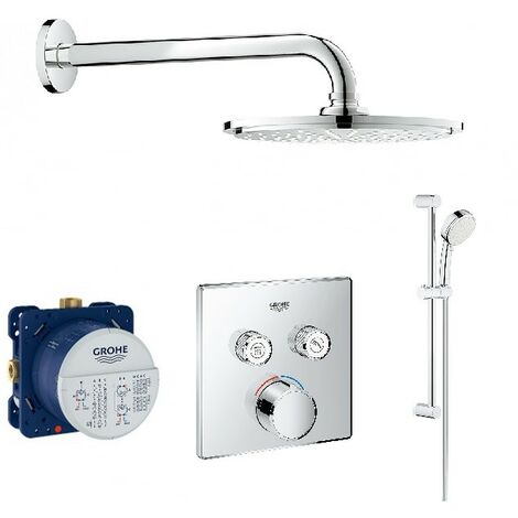 Grohe – Colonne de douche encastrée chromée – Mitigeur Smartcontrol 2 voies – Tête de douche inox ultra plate 100mm – Flexible 1750mm