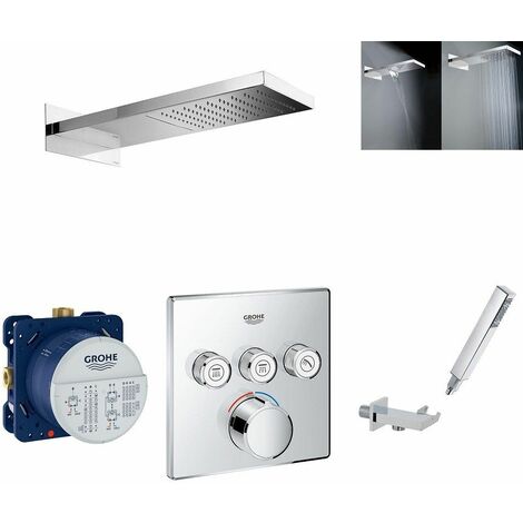 Grohe – Colonne de douche encastrée – Pommeau pluie inox poli 240x100mm – 3 jets avec picots anti-calcaire – Mitigeur SmartControl 3 voies