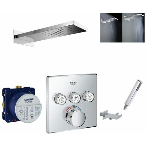 Grohe – Colonne de douche encastrée SmartControl – Pommeau pluie et cascade inox poli – Mitigeur thermostatique 3 voies – Débit 23 l/min