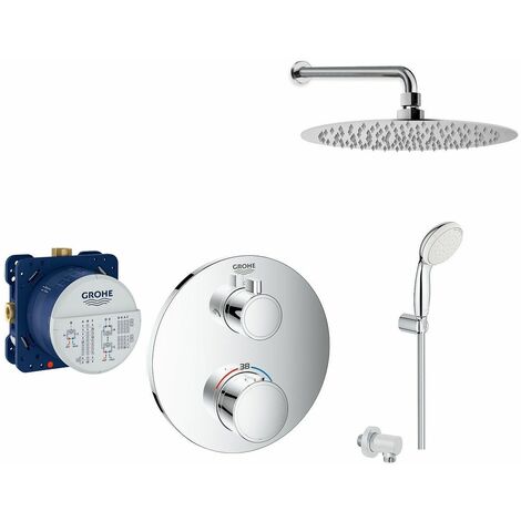 Grohe – Colonne de douche encastrée 300mm – Pommeau inox diamètre 300mm – Thermostat laiton chromé – 2 jets pluie et jet – Système SpeedClean