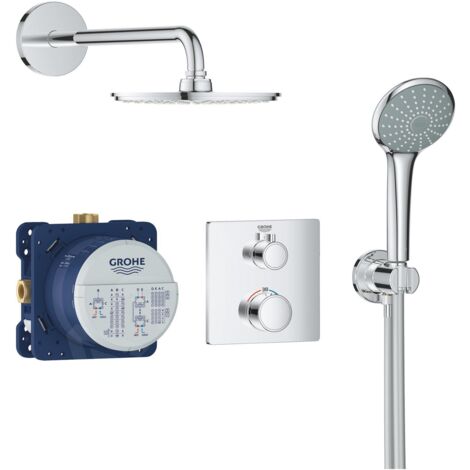 Grohe – Colonne de douche thermostatique encastrable – Douche de tête Rainshower 210mm – Thermostat Grohtherm – Finition chromée brillante – Flexible 1250mm