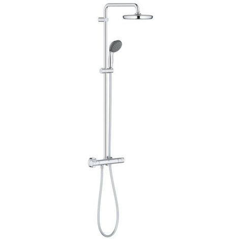 Grohe – Colonne de douche thermostatique – Finition métal chromé – Pomme haute ronde 20-24 cm – Jet pluie – Flexible 1.75 m lisse