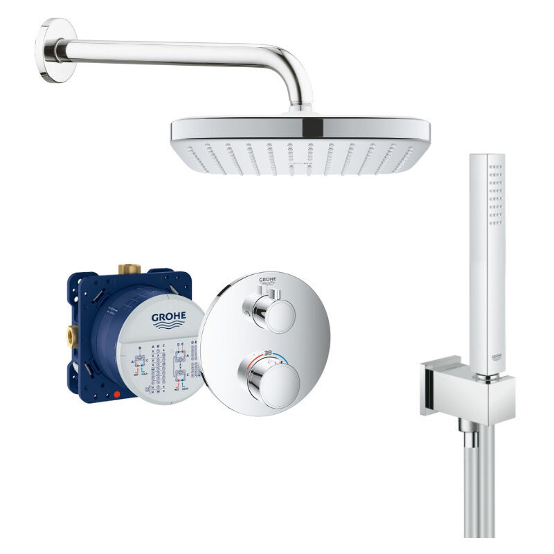 Grohe Concealed shower set with thermostatic mixer, head shower 250mm + Hand shower with wall holder (34727000-VitalioCube)