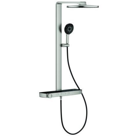 GROHE Duschsystem Rainshower Aqua Pure 101680, mit SmartControl Thermostatbatterie, Wandmontage, Kopfbrause rund, 2 Strahl, Durchfluss 15 l/min, Brauseboden schwarz, Handbrause 3 Strahl, Durchfluss 8.