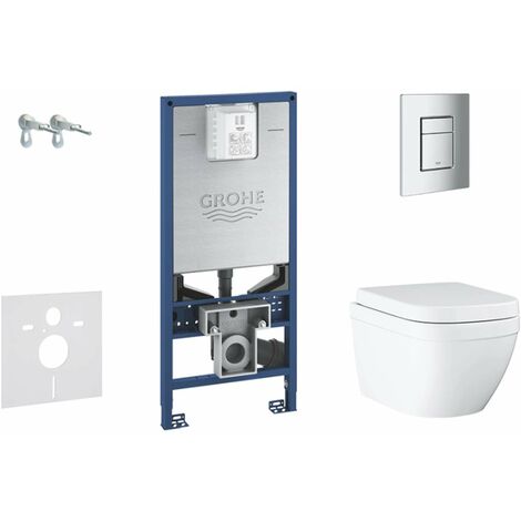 Grohe – Ensemble bâti-support WC suspendu avec cuvette Rimless Euro Ceramic – Siège softclose – Plaque de déclenchement Skate Cosmopolitan S