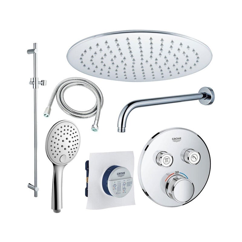 Ensemble de douche grohtherm 20 cm avec bras mural, douchette à main, barre coulissante 90 cm et flexible de douche chromés - Grohe