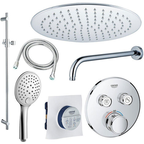 Grohe ensemble de douche grohtherm 20 cm avec bras mural, douchette à main, barre coulissante 90 cm et flexible de douche chromés