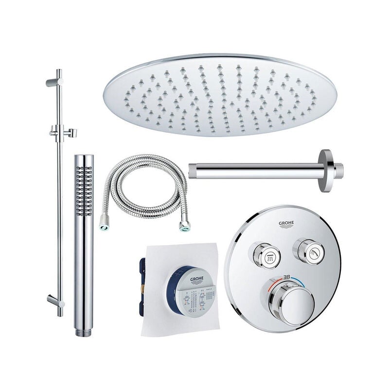 Grohe ensemble de douche grohtherm 20cm avec bras de plafond, douche autonome, barre coulissante 90cm et flexible de douche chrome