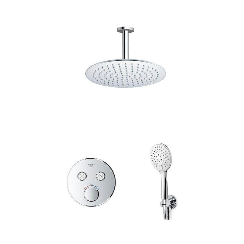 Ensemble de douche grohtherm avec bras de plafond de 30 cm, douchette à main et support de flexible de douche chromé - Grohe