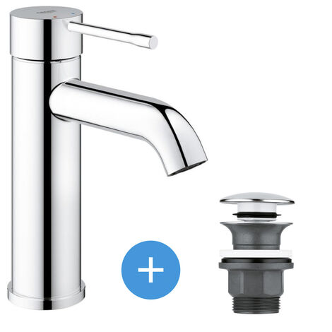 Grohe Essence - Waschbeckenmischer-Set Größe S + Grohe Klick-Klack Ablaufgarnitur für Waschbecken mit Überlauf (23590001-CLICCLA