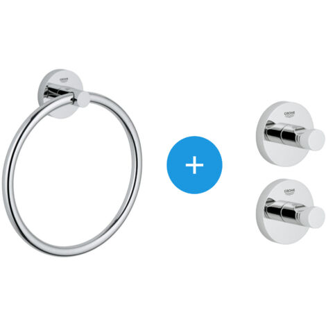 Grohe Essentials Set di 2 ganci da parete a scomparsa + anello per asciugamani in metallo (40364001 + 40365001)