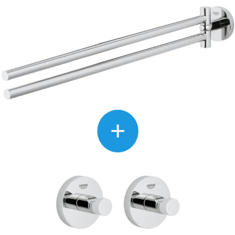 Grohe Essentials Set di 2 ganci da parete a scomparsa + doppio portasciugamani in metallo (40364001 + 40371001)