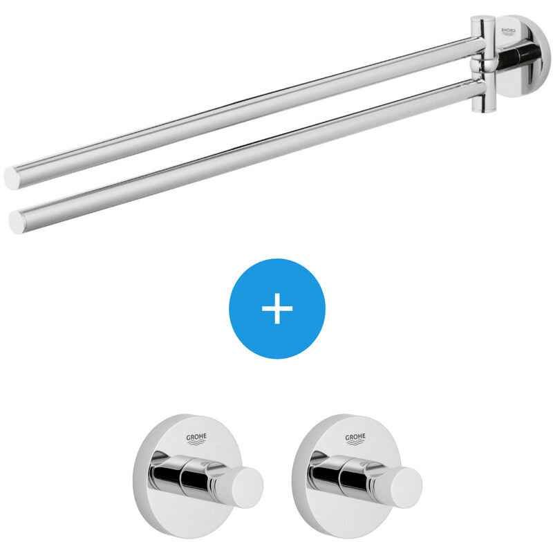 Essentials Set of 2 invisible wall hooks + Double metal towel bar (40364001 + 40371001) - Grohe
