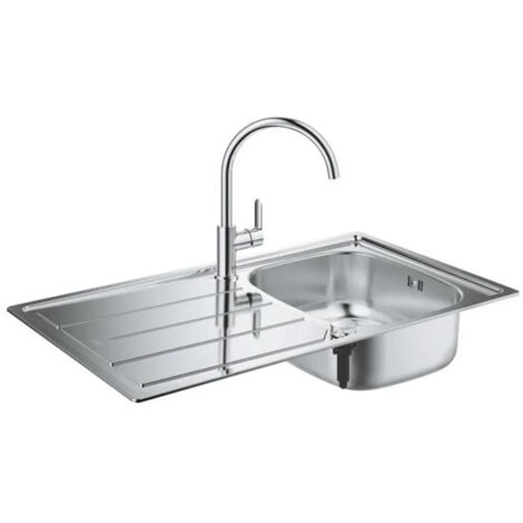 Grohe – Évier en inox K200 avec égouttoir – Mitigeur Bau Edge 332mm – Vidage automatique inclus – Largeur meuble 450mm