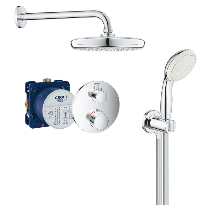 Grohe - Grohtherm Concealed shower set with thermostatic mixer, 210mm overhead shower and 2-jet hand shower, Chrome (34727000-NEW)