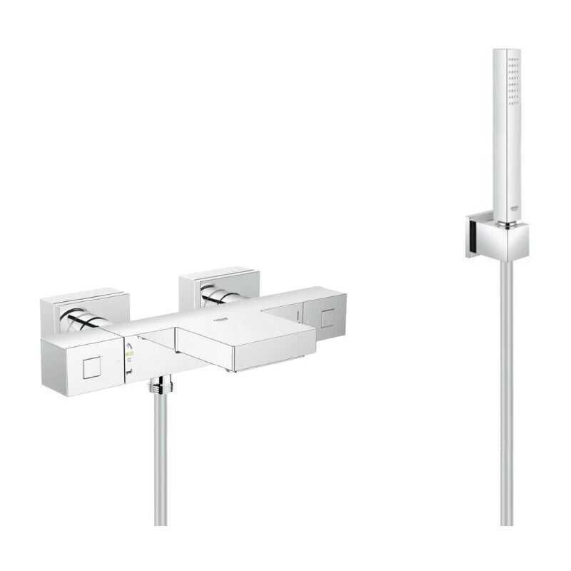 Grohtherm Cube thermostatic bath/shower mixer set + Euphoria 1 jet shower with wall bracket (34497000-CUBESTICK) - Grohe