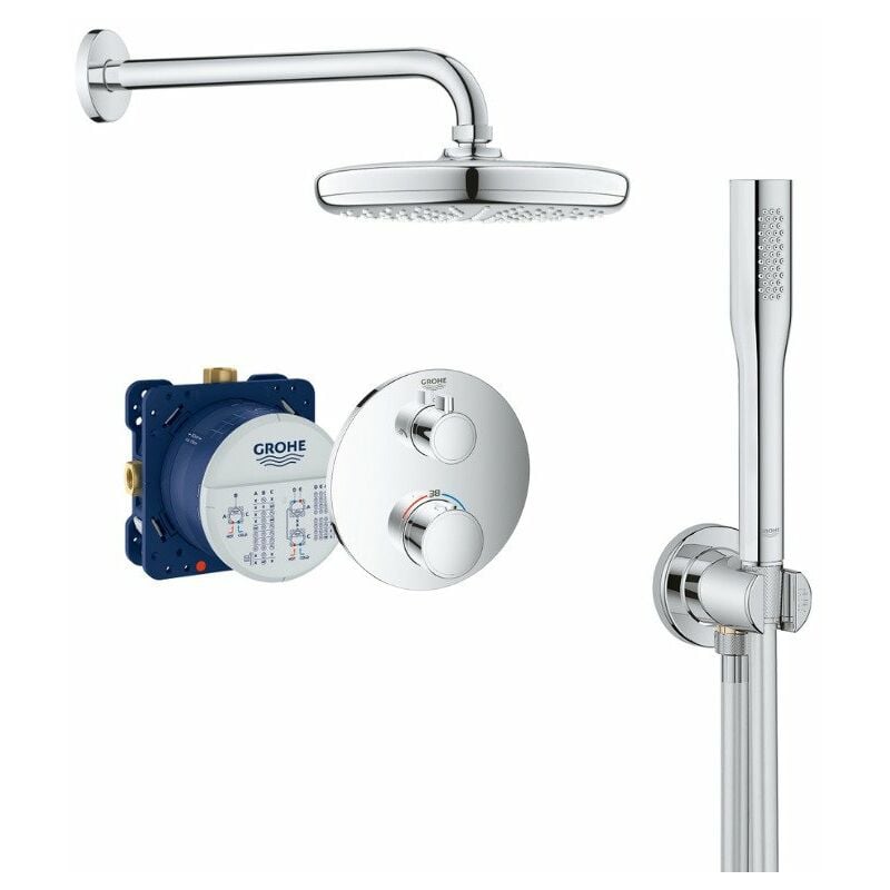 Grohtherm Set de douche encastré avec mitigeur thermostatique, douche de tête 210mm + Douchette avec support mural, Chrome - Grohe