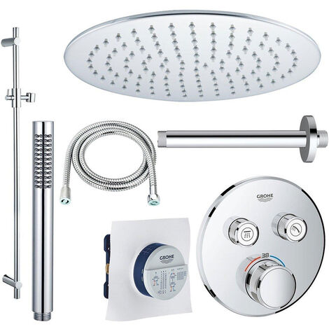 Grohe Grotherm Ensemble de douche avec partie encastrable et partie de finition et pomme de douche 25cm et bras plafond avec douchette stick, barre
