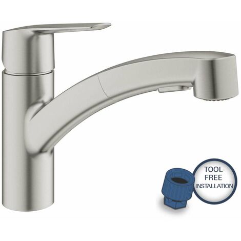 Grohe – Mitigeur de cuisine 30531DC1 – Douchette extractible double jet – Finition supersteel – Montage monotrou – Sécurité anti-retour