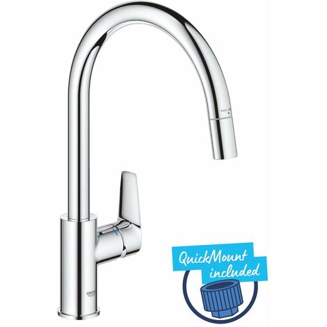 Mitigeur de cuisine monocommande chromé – Bec haut en C avec mousseur extractible – Zone de rotation 360° – Installation rapide Grohe QuickMount