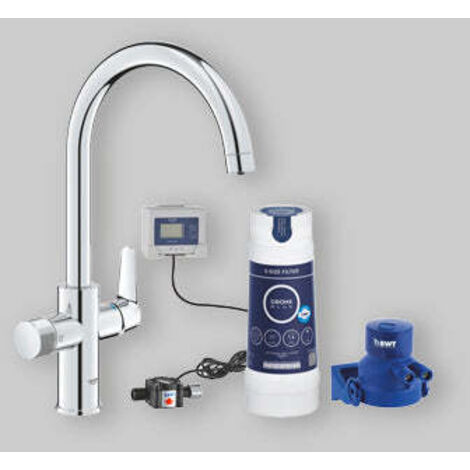Grohe – Mitigeur d’évier avec système de filtration – Bec col de cygne pivotant 360° – Finition chrome éclatant – Capacité filtration 3000 litres