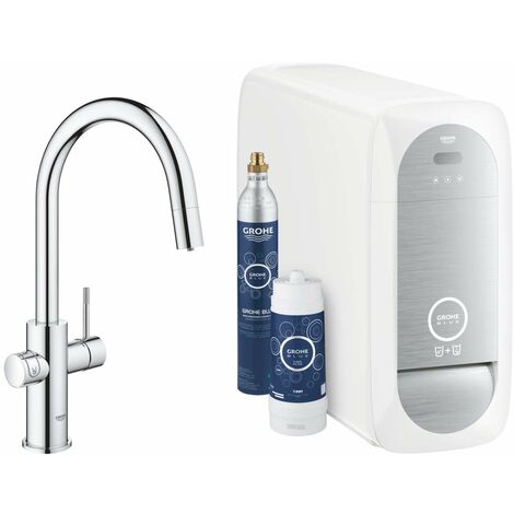 Grohe – Mitigeur monocommande pour cuisine avec douchette extractible – Finition chrome – Hauteur 41,9 cm – Angle pivotement 360° – Eau filtrée et pétillante