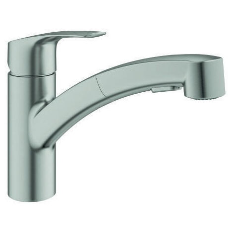 Grohe – Mitigeur d'évier avec douchette extractible 30305DC1 – Finition SuperSteel – Bec bas pivotant 90° – Limiteur de débit ajustable
