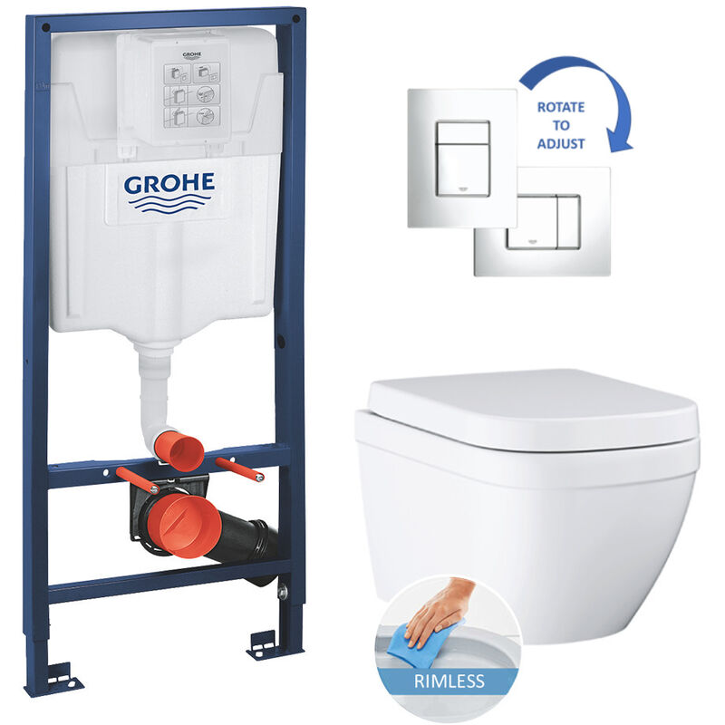 Toilet set Rapid sl support frame + Skate Cosmopolitan chrome flush plate + Euro Ceramic bowl + softclose seat (euroceramicset1) - Grohe