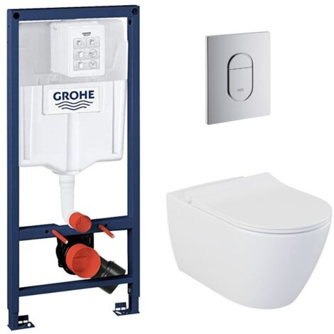 Grohe Pack Bâti-support Rapid SL + WC sans bride Bello + Abattant slim, softclose + Plaque Chrome