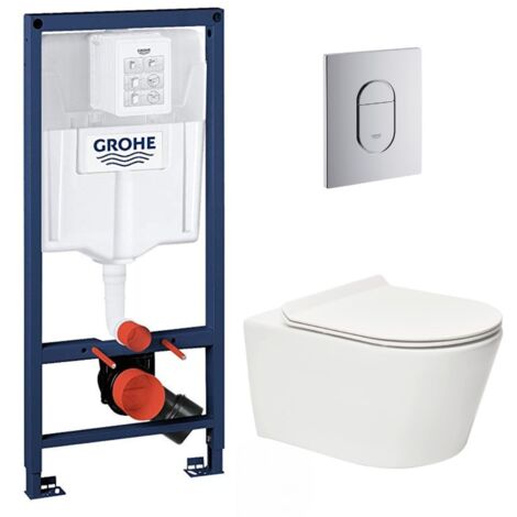 Grohe Pack Rapid sl+ plaque arena chrome+ Fixations murales + set d'isolation phonique + WC suspendu sans bride (ArenaBrevis)