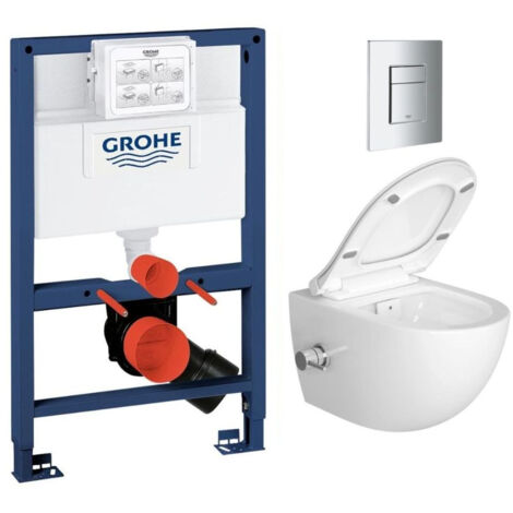 Grohe Pack Toilettenrahmen + spülrandloses SAT-WC mit thermostatischem Bidet + SoftClose-Sitz + Chromplatte (RapidSL082-SATClean-1)
