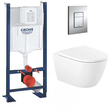 Grohe Pack WC autoportant avec cuvette Roca sans bride et fixations invisibles + abattant Soft Close + Plaque chrome (ProjectOna-1)