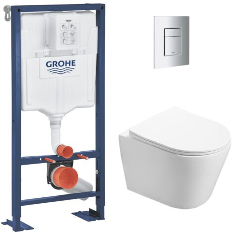 Grohe – Pack WC autoportant avec cuvette sans bride et abattant soft close – Plaque chrome – Installation rapide et fixations invisibles