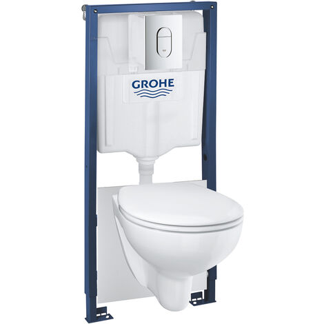 Grohe Pack WC Bastidor Rapid SL +  inodoro cerámico Bau sin brida + Tapa inodoro con cierre amortiguado + placa cromada (39418000)