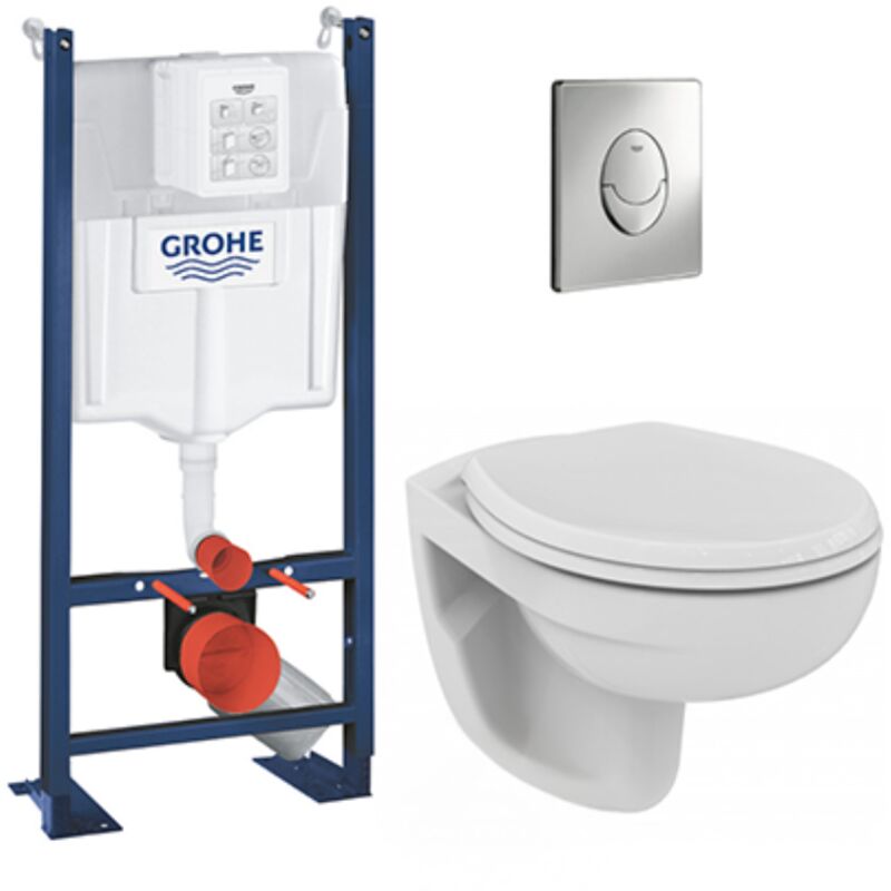 Pack wc Bâti autoportant avec Cuvette Porcher rimless + Abattant + Plaque chrome (ProjectPorcher-2) - Grohe