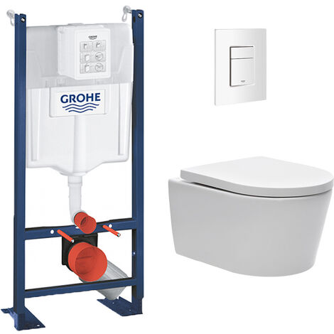Grohe – Pack WC bâti autoportant avec cuvette sans bride et abattant frein de chute – Plaque de commande blanche – Installation rapide et facile