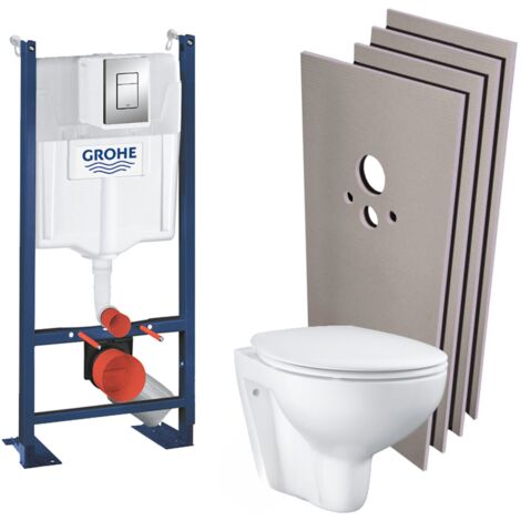 Grohe Pack WC bâti-autoportant + Cuvette Bau sans bride + Abattant softclose + Plaque chrome + Set d'habillage (ProjectBau-1-sabo)