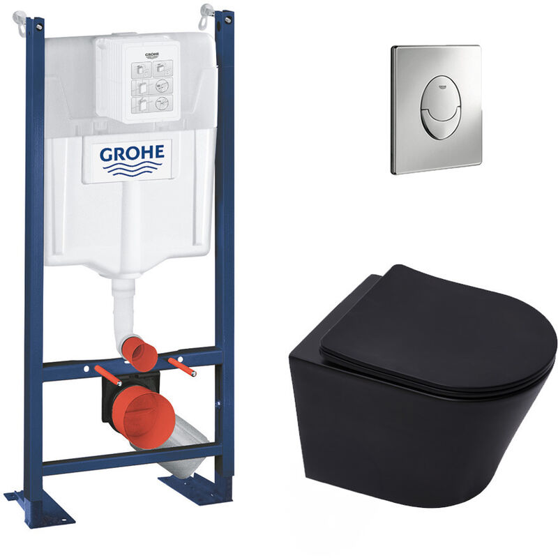 Grohe Pack WC Bâti-autoportant Rapid SL + WC Infinitio sans bride noir mat + Abattant softclose + Plaque chrome