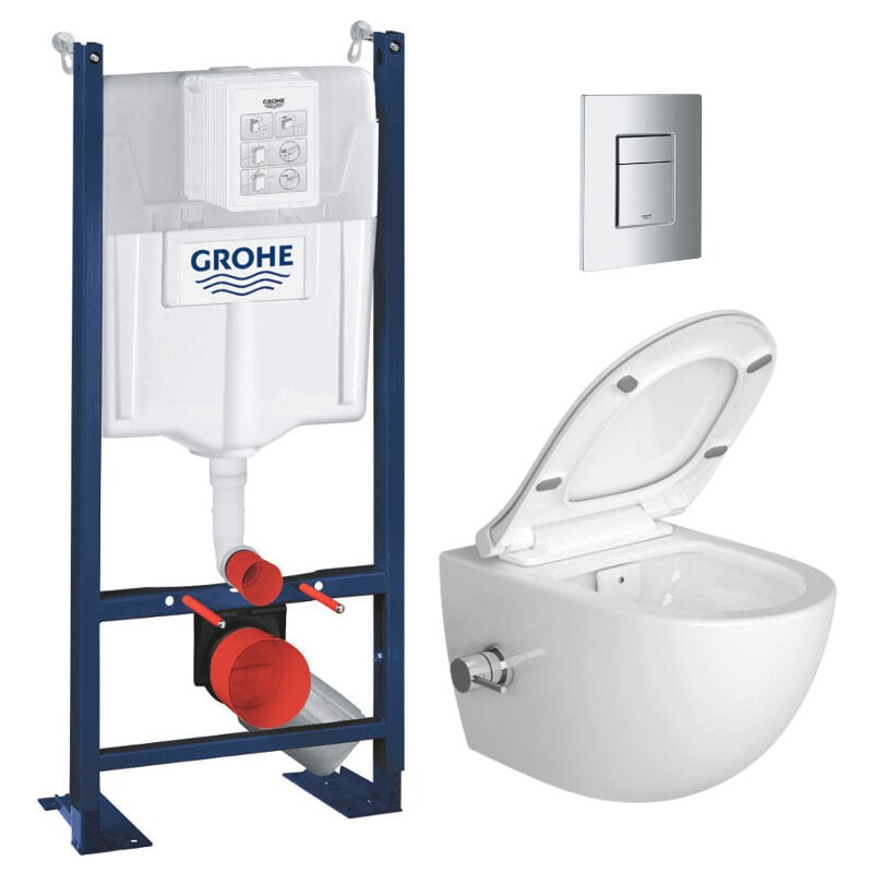 Pack wc Bâti autoportant Rapid sl + wc sans bride avec fonction bidet thermostatique + Plaque chrome (ProjectSATClean-1) - Grohe