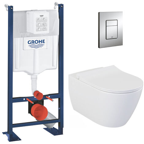 Grohe Pack WC Bâti-autoportant Rapid SL + WC sans bride Bello + Abattant softclose + Plaque chrome (ProjectBello-1)
