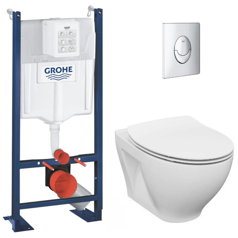 Grohe Pack WC Bâti autoportant Rapid SL + WC sans bride Cersanit + Abattant softclose + Plaque chrome (ProjectDormo-2)