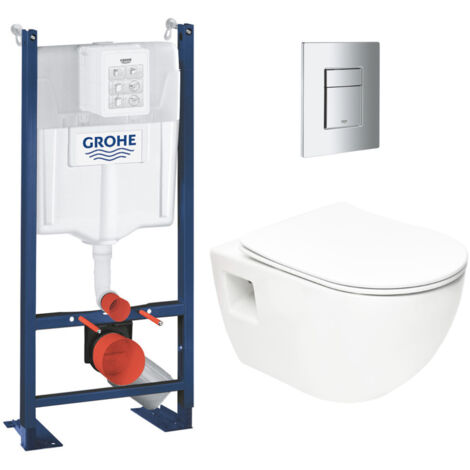 Grohe Pack WC Bâti Autoportant Rapid SL + WC sans bride SAT + Abattant SoftClose + Plaque Chrome (Project2-1)